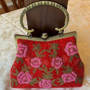 Chinese Style Women Red Floral Beaded Purse